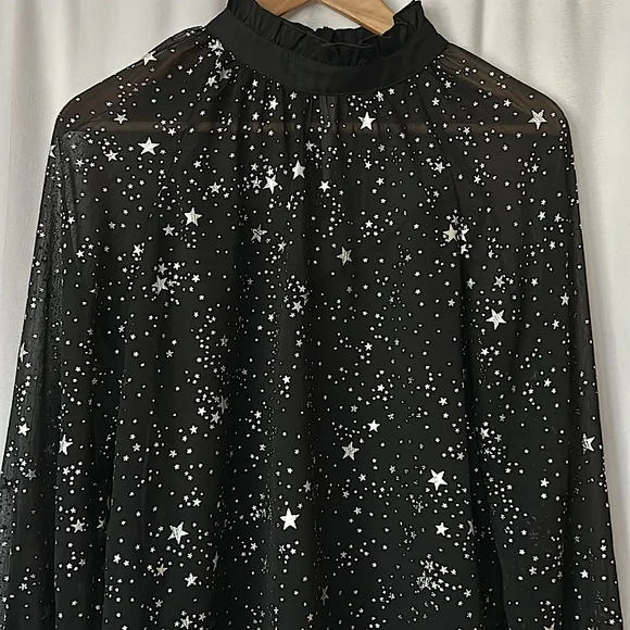 Cupshe NWT Black Silver Stars Ruffled Long Sleeve Blouse Shirt Top **Size S** - Picture 3 of 4